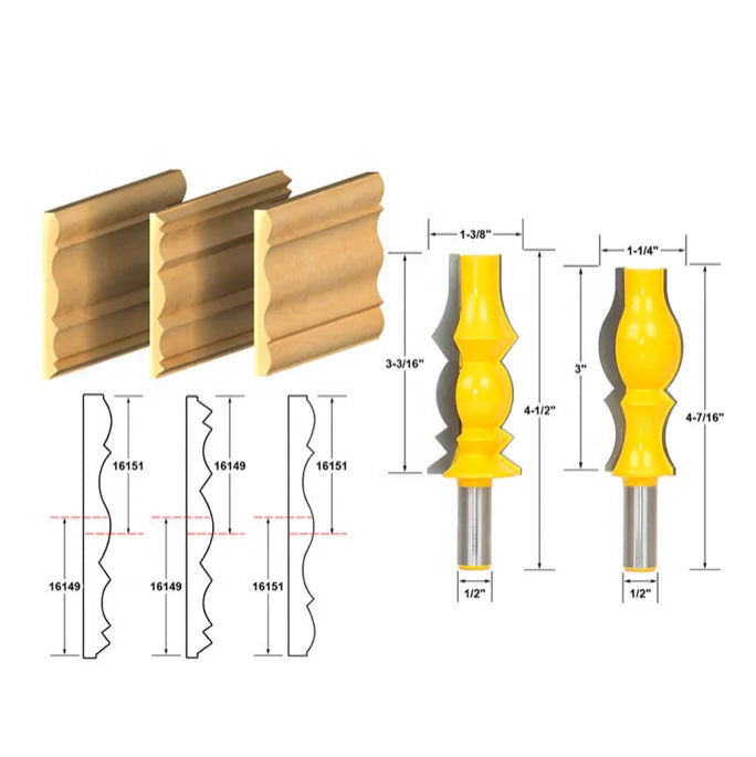 L-N037 2pc 1/2" Shank Large Reversible Crown Molding 2 Bit Router Bit Set Line Knife Tenon Cutter for Woodworking Tools