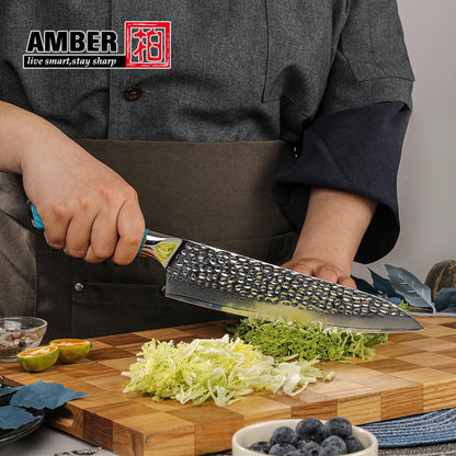 Amber Custom 8 Inch Hammered VG10 Damascus Steel Chef Knife with Blue Turquoise Stone Handle