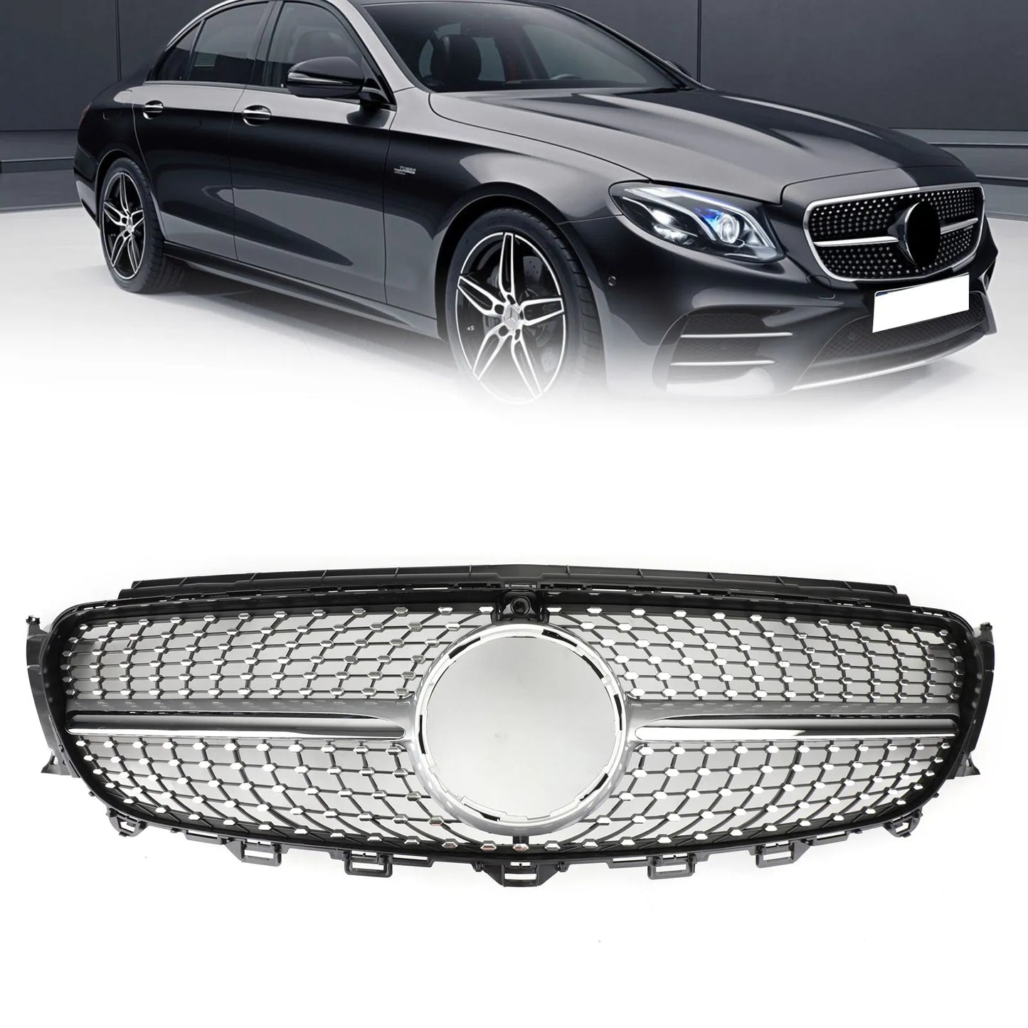 Diamond Silver Border Front Grille Grill for Mercedes Benz W213 E300 E400 2016-2019