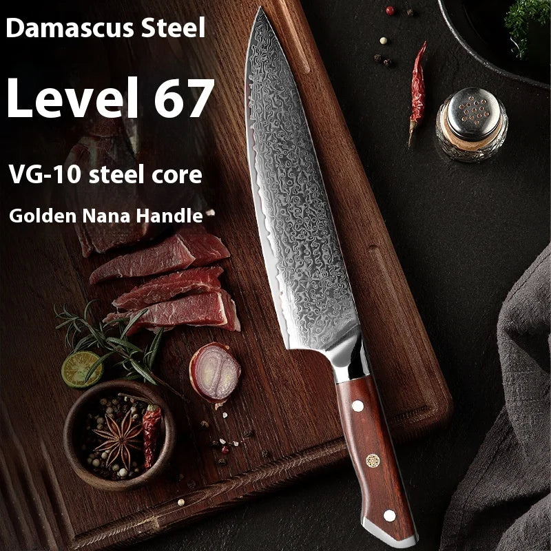 8-Inch Stainless Steel Chef Knife with Household Resin Damascus Steel Blade for Vegetal Slicing Meat Sushi Fish