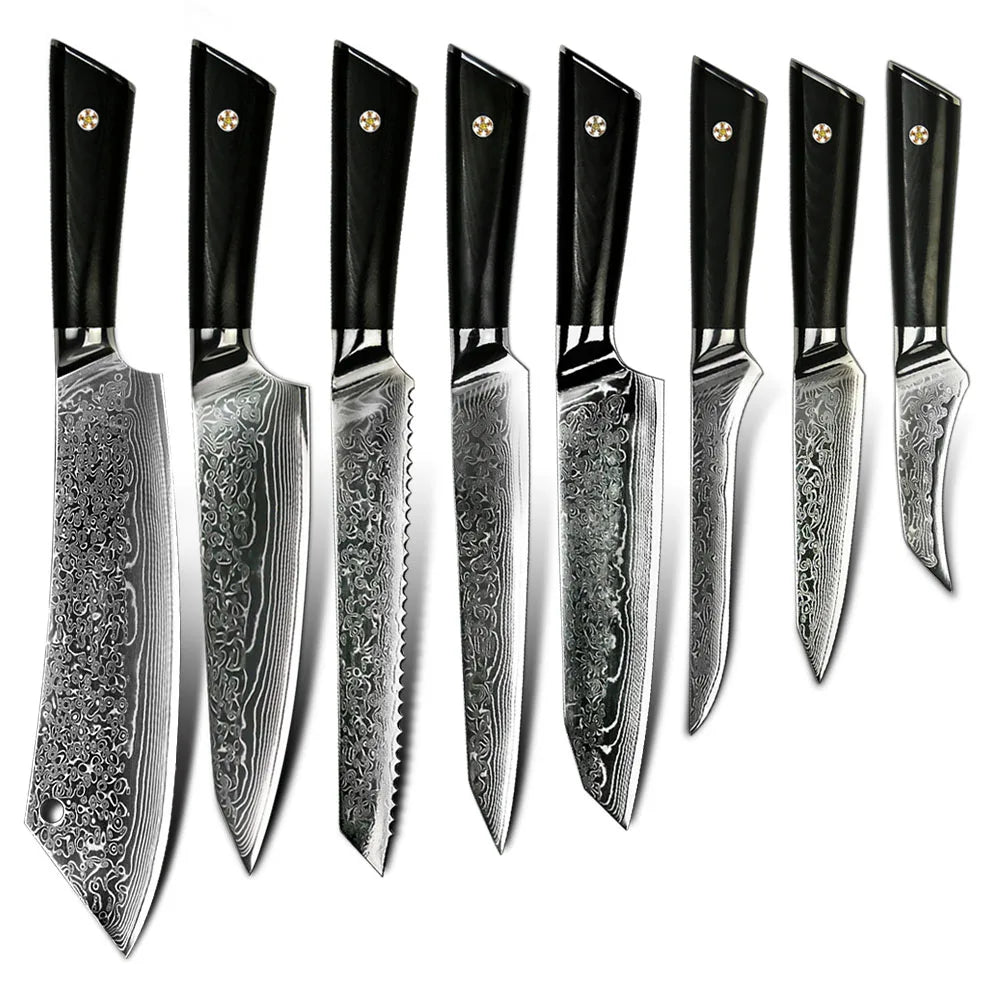 Professional 8 Piece Damascus Kitchen Knives Set VG 10 Steel Core 67 Layers with Black G10 Handle