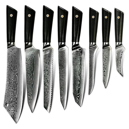 Professional 8 Piece Damascus Kitchen Knives Set VG 10 Steel Core 67 Layers with Black G10 Handle