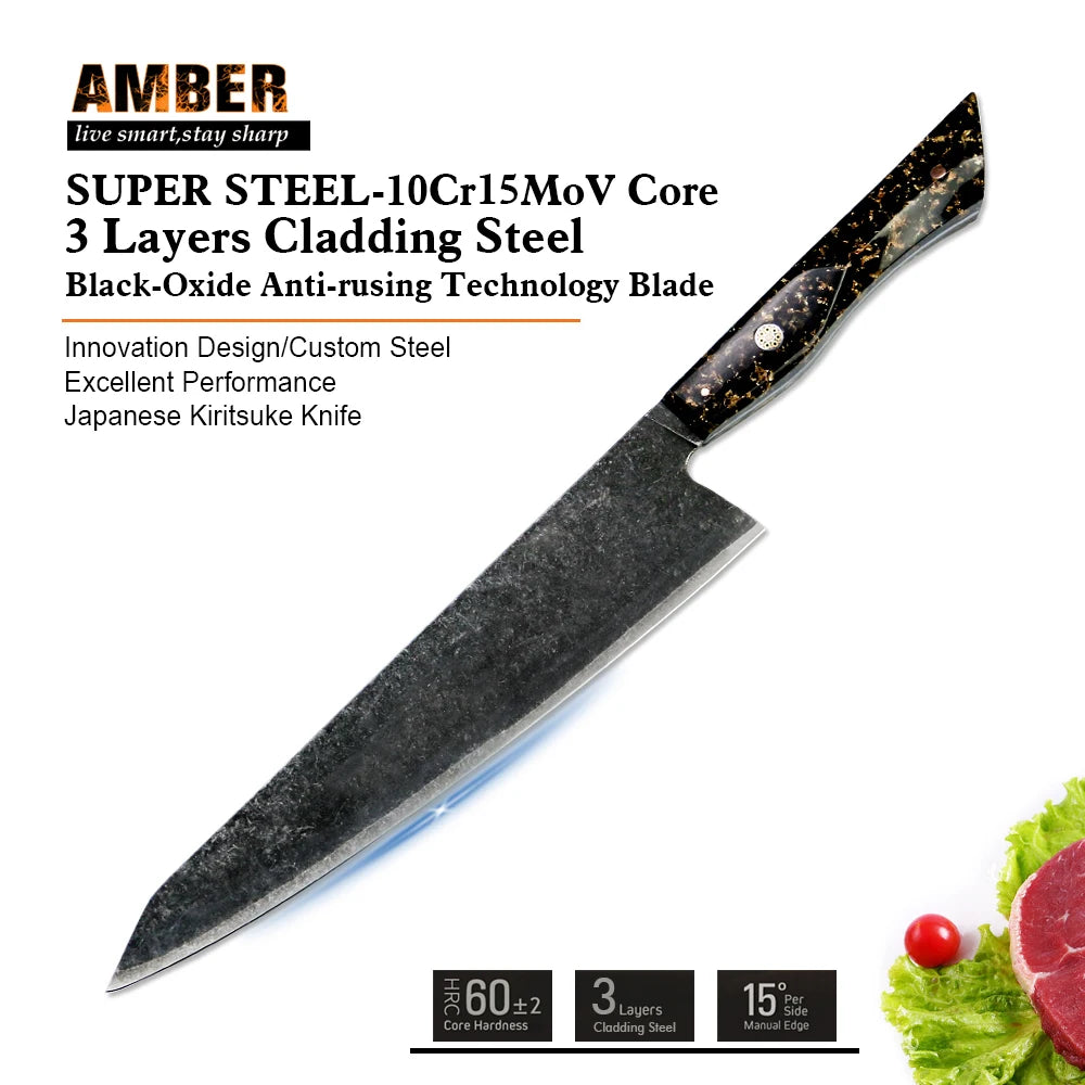 Premium Quality 3 Pcs 7 Layer Stainless Steel 10Cr15MoV Kitchen Knives Set With Full Tang with Resin Handle