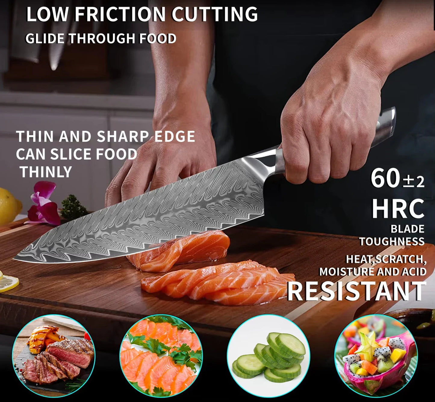 Professional Kitchen Knife High Quality Damascus Steel Chef Knife with Wood Handle Sharp Blade Utility Knife