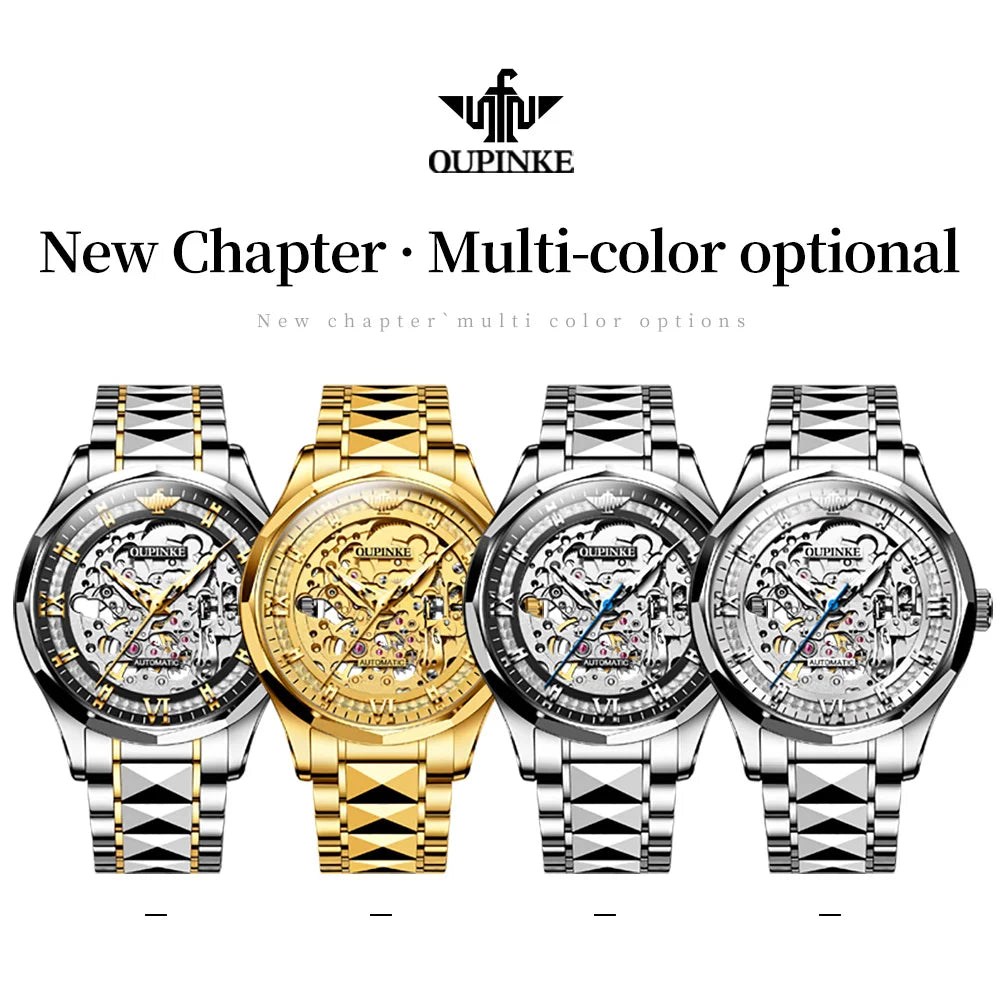 OUPINKE 3209 New Arrival Design High Quality Luxury Fashion Classic OEM Stainless Steel Mens Mechanical Skeleton Wrist Watches, Color - White
