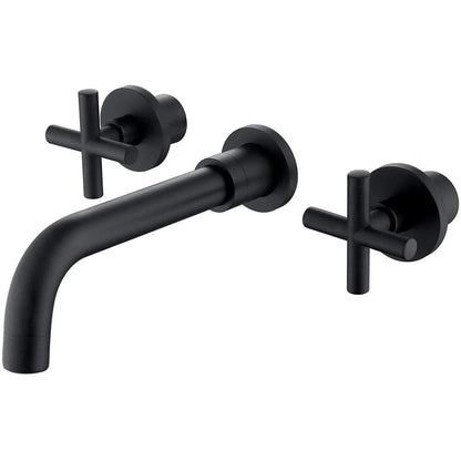 Modern 3 Hole Wall Mounted Hot Cold Water Tap Matt Black Finish Brass 2 Handle In-wall Wash Basin Mixer