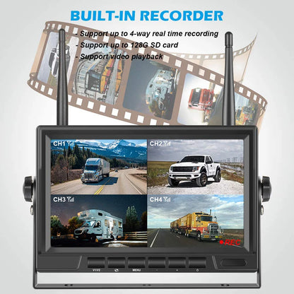 IPoster Digital Wireless Backup Camera Kit IP69 Waterproof Rear View Camera and 7in Split/Quad Screen with DVR