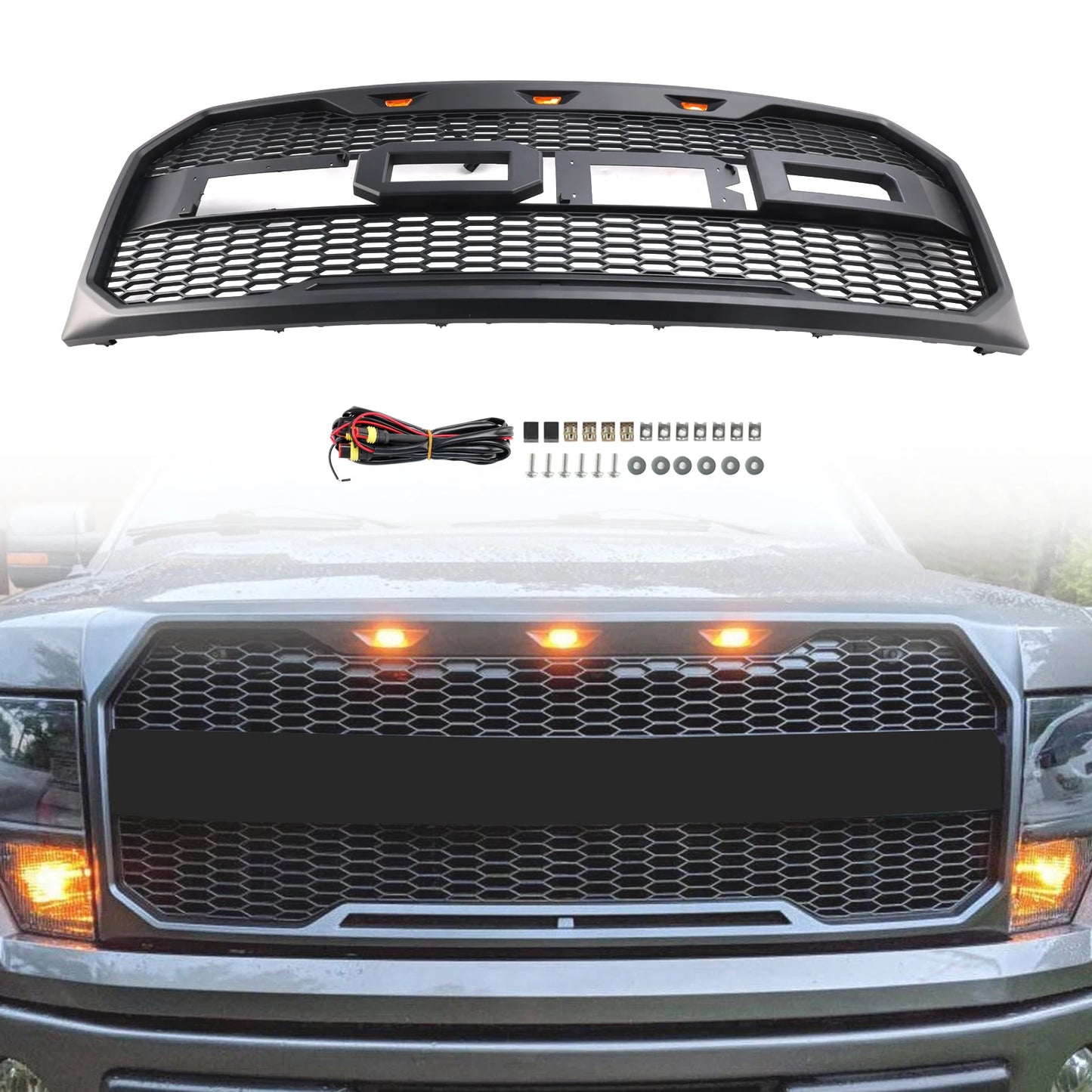 Free Shipping Black Raptor Style Front Bumper Grille Grill With LED for Ford F150 2009-2014 With Letter US Stock