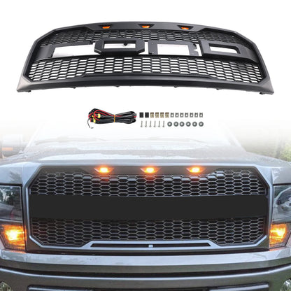 Free Shipping Black Raptor Style Front Bumper Grille Grill With LED for Ford F150 2009-2014 With Letter US Stock
