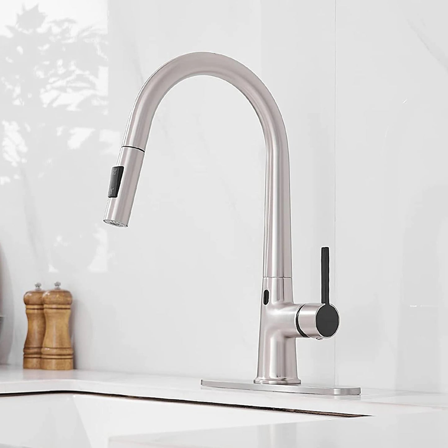 FLG Modern Black Kitchen Faucet Automatic Sensor Pull Water Tap with Ceramic Brass Two-Way Spray Single Handle