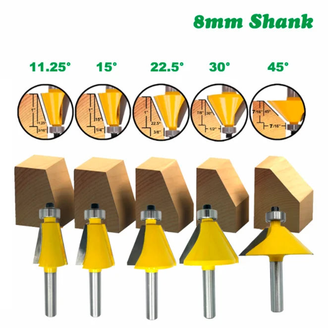 L-N029-3 11.25/22.5/15/30/45 Chamfer Router Bit High Quality Edge Forming Bevel Woodworking Milling Cutter for Wood Bits, diameter - 8mm shank