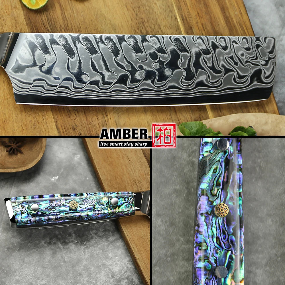 Meat Cleaver 7 Inch Custom Handmade Cleaver Abalone Shell Damascus Steel Knives