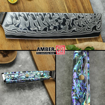 Meat Cleaver 7 Inch Custom Handmade Cleaver Abalone Shell Damascus Steel Knives