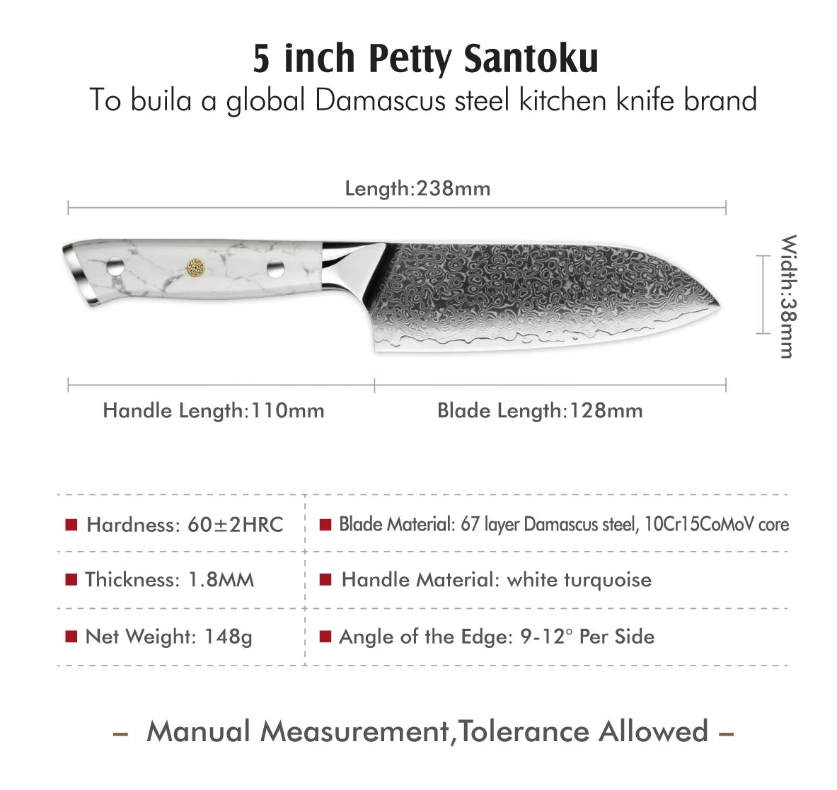 Amber Custom White Turquoise Stone Handled 5inch VG10 Damascus Steel Mini Santoku Chef Knives with Kitchen Knives Santoku