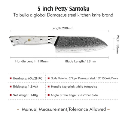 Amber Custom White Turquoise Stone Handled 5inch VG10 Damascus Steel Mini Santoku Chef Knives with Kitchen Knives Santoku