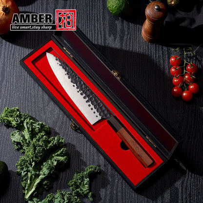 Amber Black Hammered Blade High-end Japanese Knife Aus10 High Carbon Steel Hand Forged Chef Knife with Wood Handle