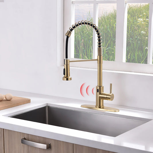 Luxury Single-Hole Kitchen Faucet Non-TOUCH Sensitive Gold Brass Ceramic Sink Faucet with Pull Sprayer Contemporary Design