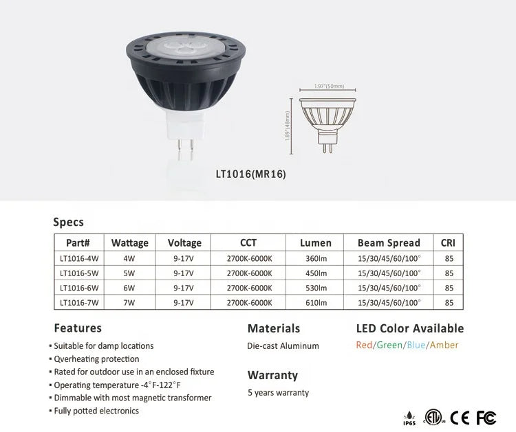 LT1016A Beam Spread 15/30/45/60/100 Degree MR16 Aluminum RGBW LED Lamp Low Voltage IP65 Waterproof MR16 LED Bulb