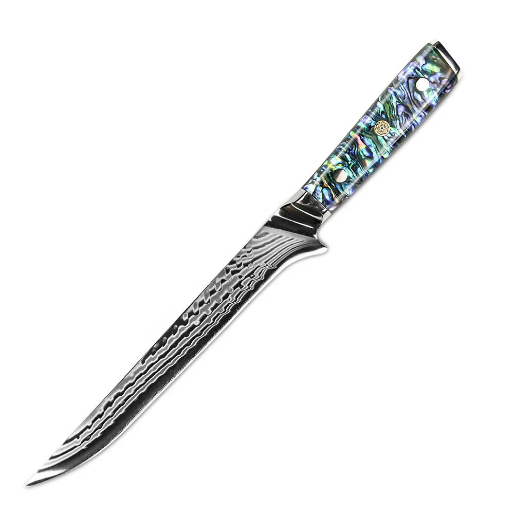 Yangjiang Amber 7 Inch Damascus 45 Layers ultra sharp Boning Fish Knife with Abalone Handle