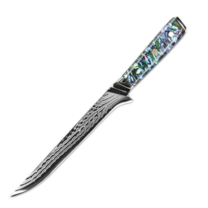 Yangjiang Amber 7 Inch Damascus 45 Layers ultra sharp Boning Fish Knife with Abalone Handle