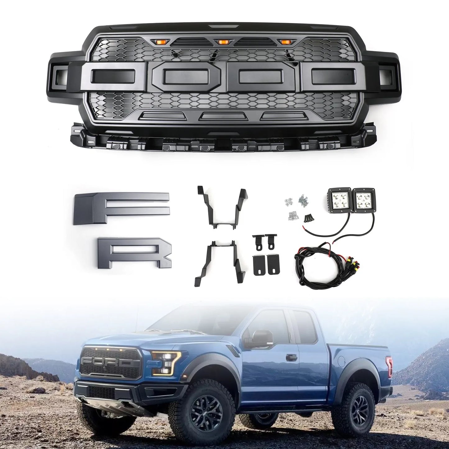 Honeycomb Grill Amber LED Raptor Style Grill Grille for Ford F150 F-150 2018 2019 2020 With Logo