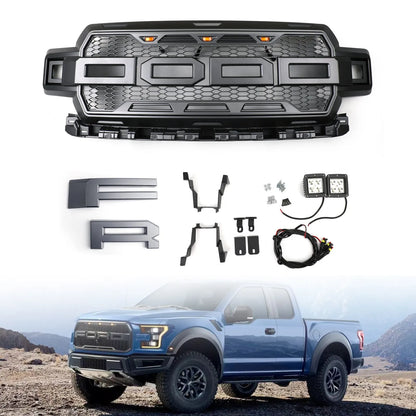 Honeycomb Grill Amber LED Raptor Style Grill Grille for Ford F150 F-150 2018 2019 2020 With Logo
