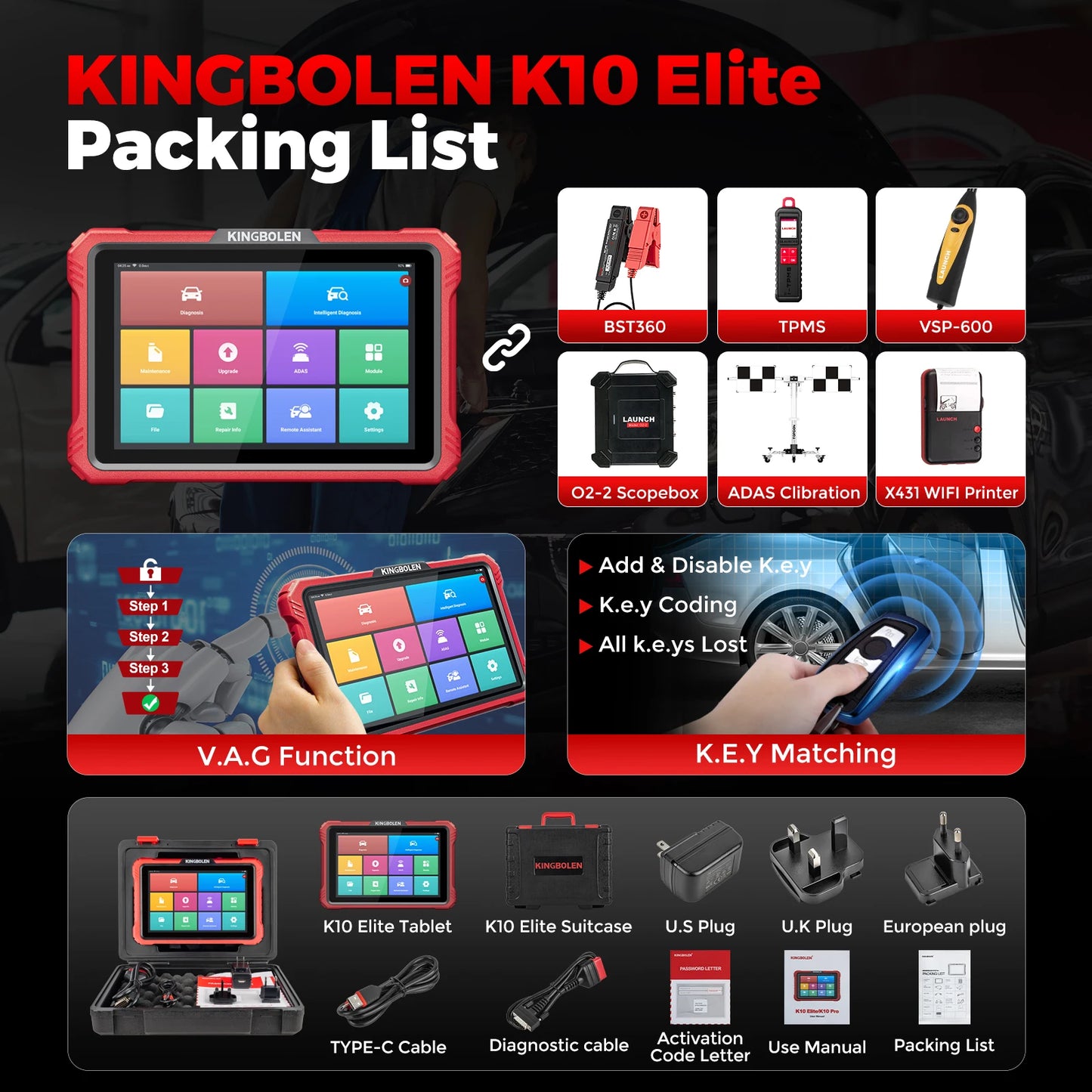 2025 Lasted Kingbolen K10 Elite Bidirectional OBD2 Scanner with Topology Map CANFD DOIP ECU Cdoing Diagnosis Machine