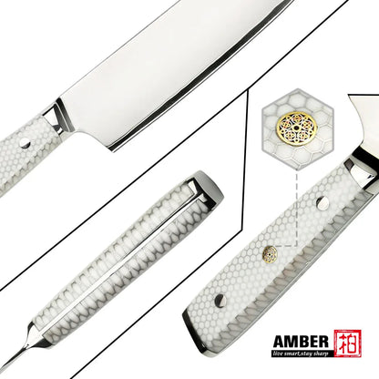 7 Layer Steel Damascus 10Cr15MoV Kitchen Knife Set with White Honey Comb Resin Full Tang