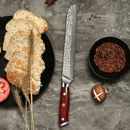 Amber Hammered Damascus Knife Bread Cake Knife Kitchen Knife