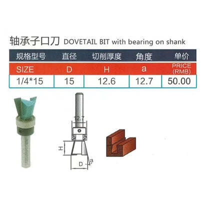 Tideway Professional Grade 1/4 Shank Carbide Bit Dovetail Router Bit Bottom Bearing End Mill Woodworking