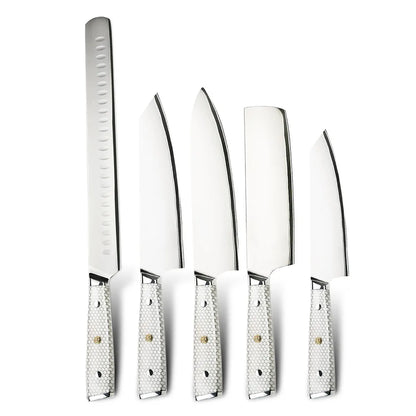 7 Layer Steel Damascus 10Cr15MoV Kitchen Knife Set with White Honey Comb Resin Full Tang