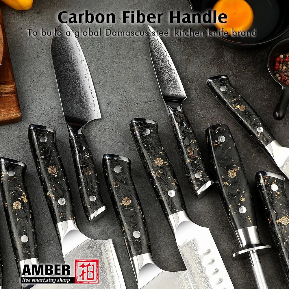 Amber VG10 Damascus Butcher Cleaver Meat Carving Bread Boning Fruit Sharpener Santoku Chef Knife with Magnetic Knife Holder