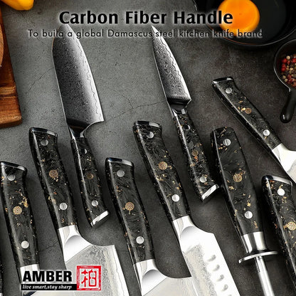 Amber VG10 Damascus Butcher Cleaver Meat Carving Bread Boning Fruit Sharpener Santoku Chef Knife with Magnetic Knife Holder