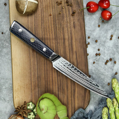 Amber 5 Inch Alligator Pattern AUS10V Damascus Steel Utility Knife with Honey Comb OliveWood Handle