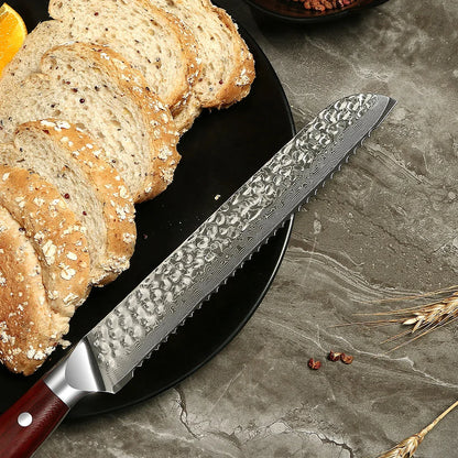 Amber Hammered Damascus Knife Bread Cake Knife Kitchen Knife
