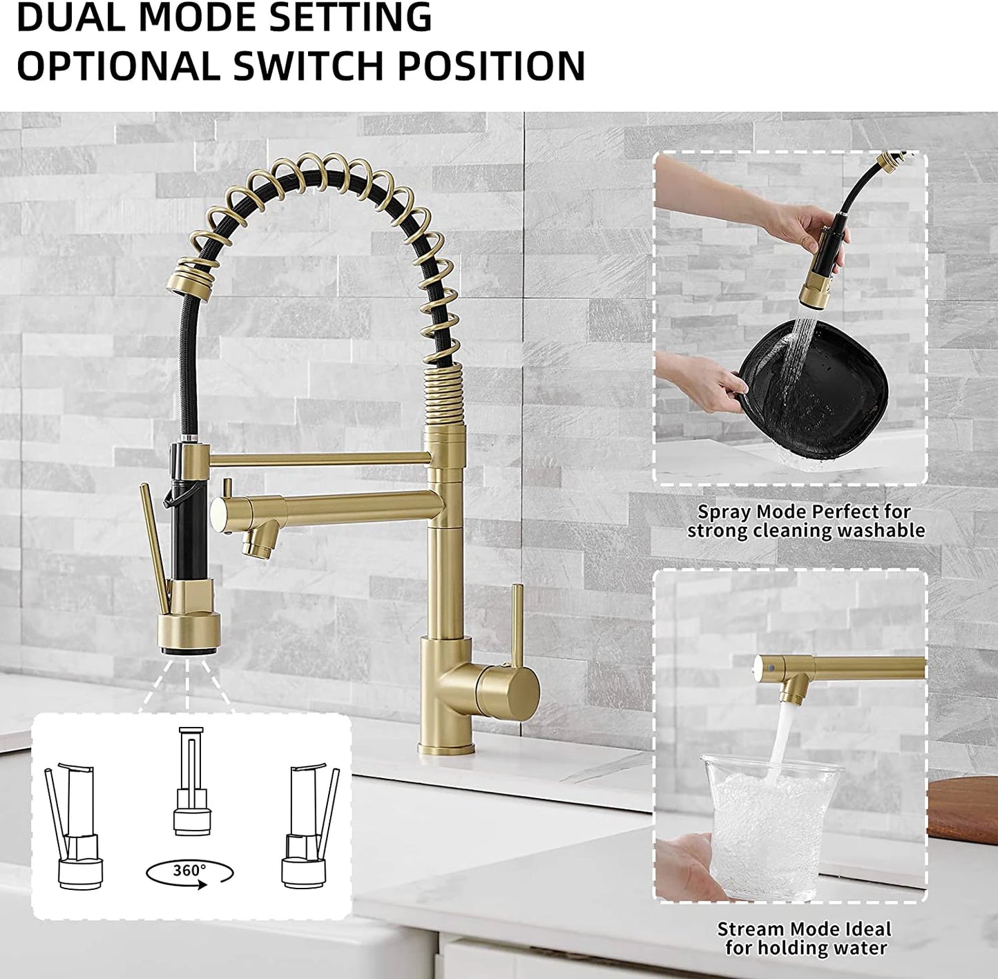FAPULLY 360 Rotatable Single-Handle Kitchen Faucet Modern Contemporary Brass Sink Taps with Gold Ceramic Finish 2-Year Warranty
