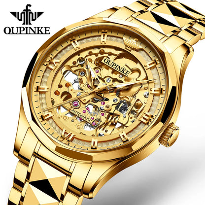 OUPINKE 3209 New Arrival Design High Quality Luxury Fashion Classic OEM Stainless Steel Mens Mechanical Skeleton Wrist Watches, Color - Gold