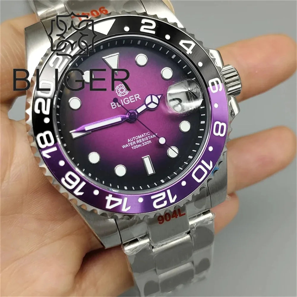 BLIGER 40mm Dive Watch for Men Black Purple Bezel Green Luminous Sapphire Glass Black Chapter Glow Black Purple Dial Waterproof