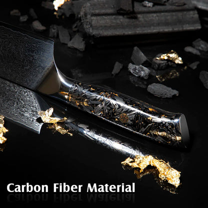 Amber Professional Carbon Fiber Handle 67layers VG10 Damascus Steel Bread Paring Boning Butcher Cleaver Knife Set with Sharpener