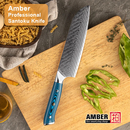 Amber Blue Pakkawood Handle Professional Japanese Damascus Chef Knife Santoku Knife
