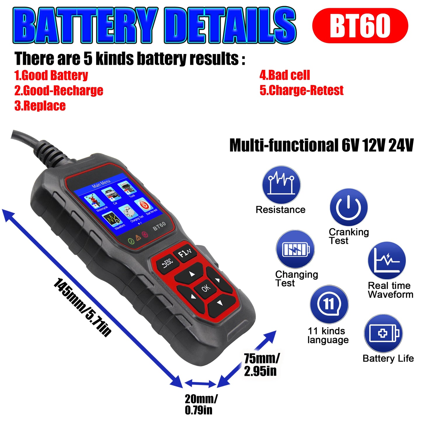 12V/24V BT60 Automotive Battery Tester Digital Auto Battery Analyzer for Car Truck Vehicle RV