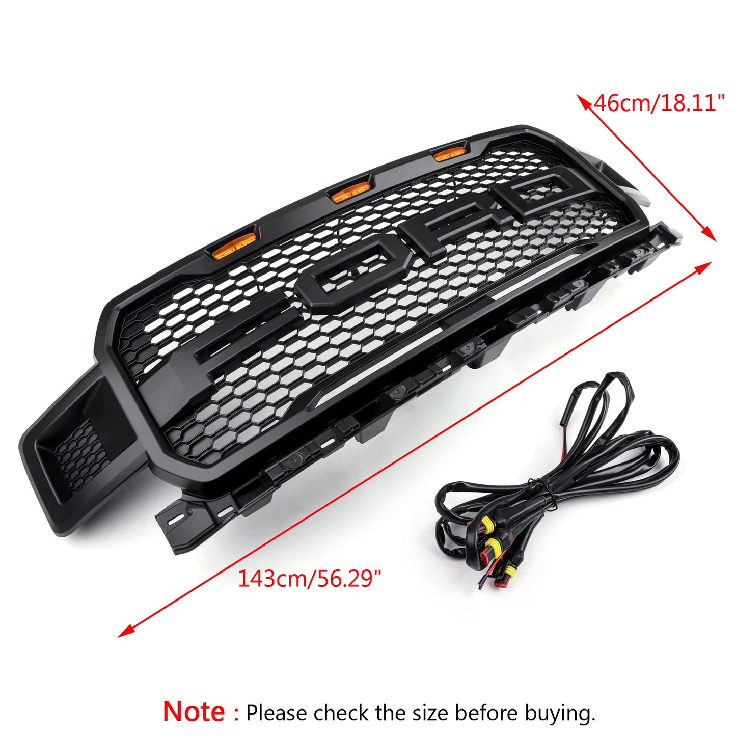 Raptor Style Black Amber LED Light Grill Grille Honeycomb for Ford F150 F-150 2018 2019 2020 With Logo