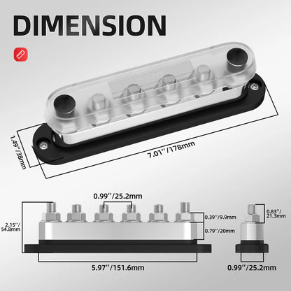 600 Amp Bus Bar Heavy Duty Power Distribution Block with 6XM10 Stainless Steel Studs Pure Copper Terminal Block with Cover