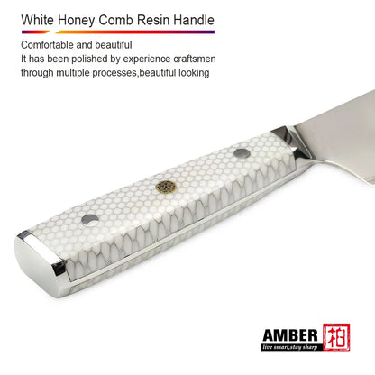 7 Layer Steel Damascus 10Cr15MoV Kitchen Knife Set with White Honey Comb Resin Full Tang