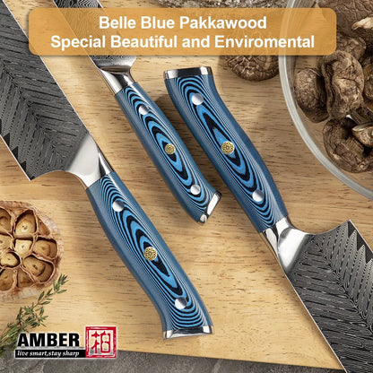 Yangjiang Amber Damascus Kitchen Knife Set with Blue Pakka Belle Wood Handle High Quality Knife Set