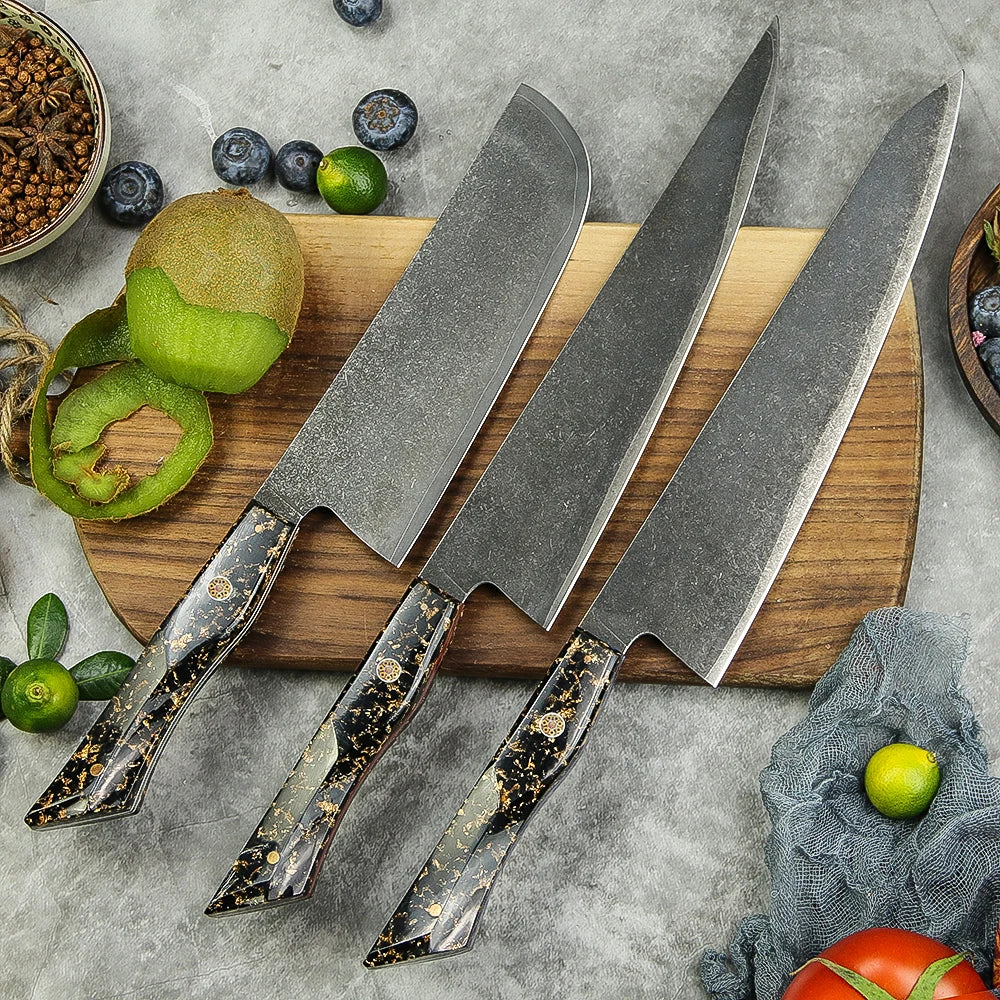 Premium Quality 3 Pcs 7 Layer Stainless Steel 10Cr15MoV Kitchen Knives Set With Full Tang with Resin Handle