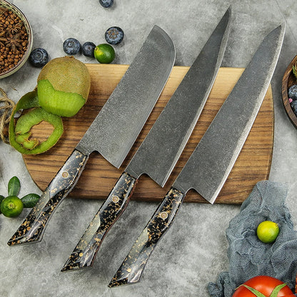 Premium Quality 3 Pcs 7 Layer Stainless Steel 10Cr15MoV Kitchen Knives Set With Full Tang with Resin Handle