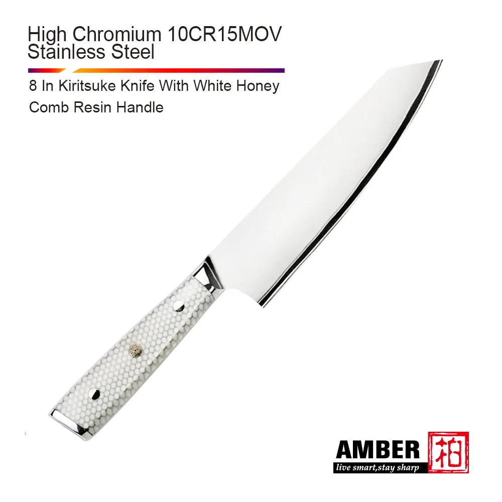 7 Layer Steel Damascus 10Cr15MoV Kitchen Knife Set with White Honey Comb Resin Full Tang