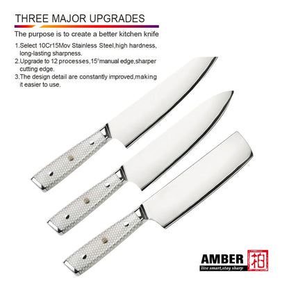 7 Layer Steel Damascus 10Cr15MoV Kitchen Knife Set with White Honey Comb Resin Full Tang