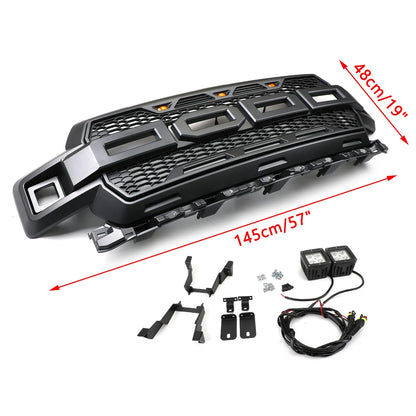 Honeycomb Grill Amber LED Raptor Style Grill Grille for Ford F150 F-150 2018 2019 2020 With Logo